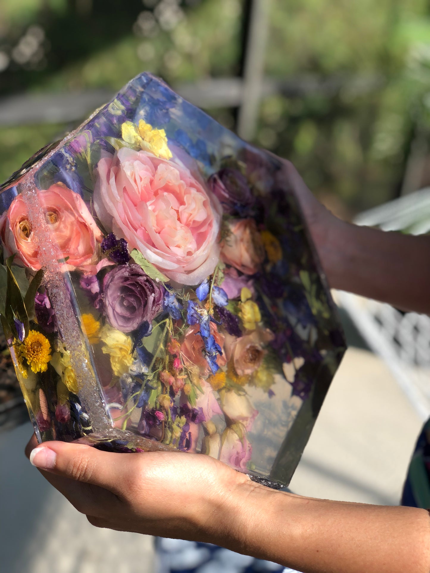 12” Hexagonal Floral Resin Block