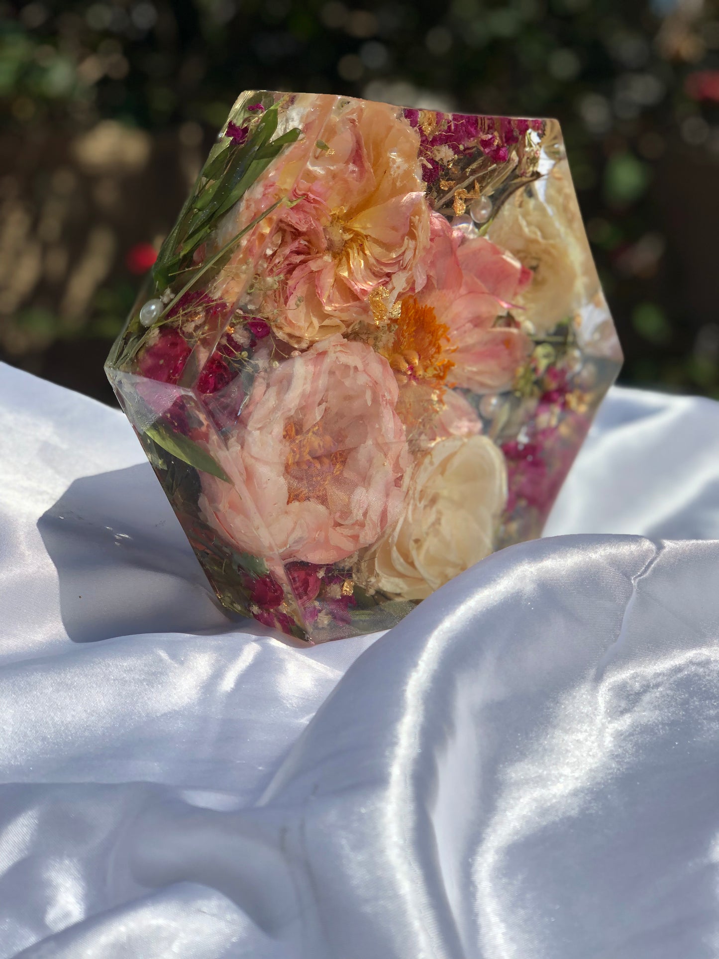 8” Hexagonal Floral Resin Block