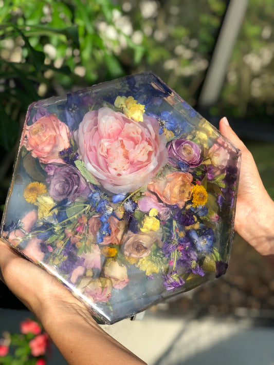 12” Hexagonal Floral Resin Block