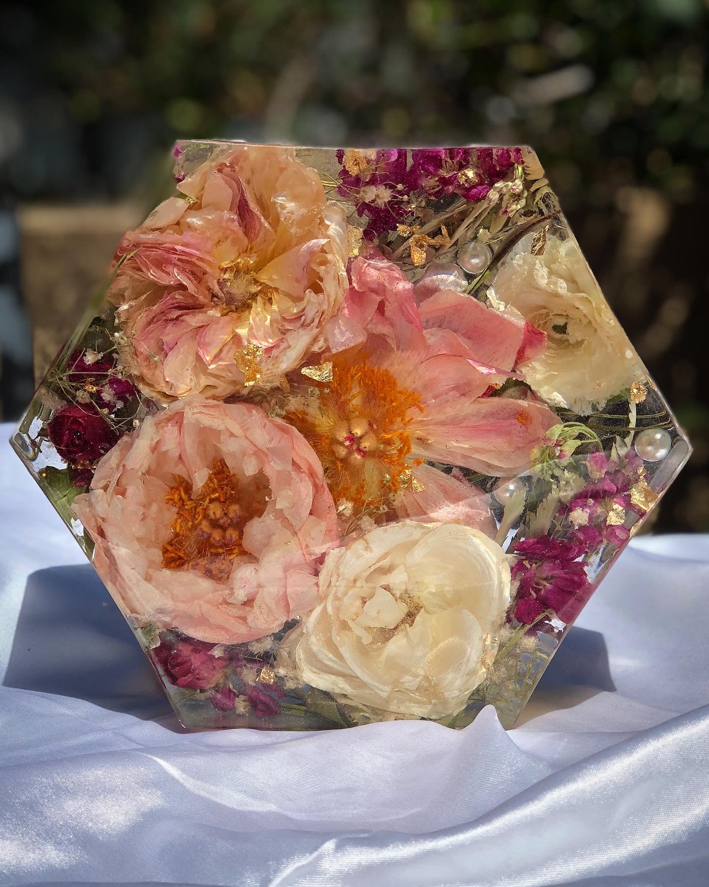 8” Hexagonal Floral Resin Block